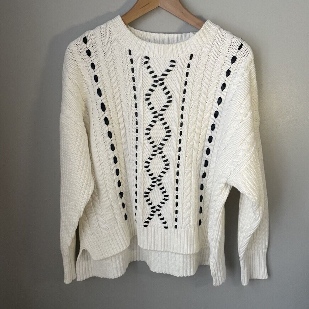 DKNY sweater ivory black ribbon Sz Small womens cable knit‎ cotton blend holiday